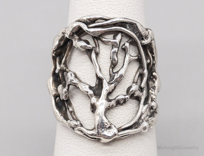 Vintage Brutalist Style Tree Of Life Silver Ring - Size 5.5