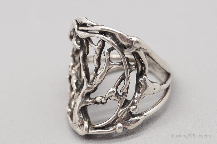 Vintage Brutalist Style Tree Of Life Silver Ring - Size 5.5