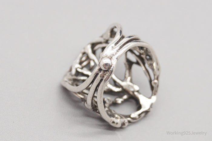 Vintage Brutalist Style Tree Of Life Silver Ring - Size 5.5
