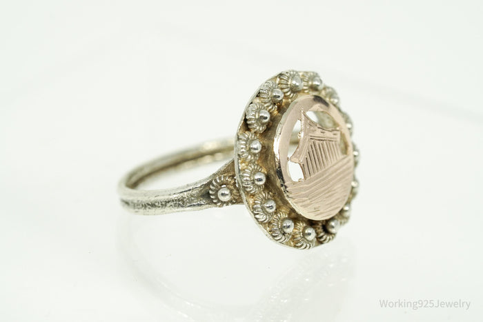 Vintage Cannetille Two Tone Silver Ring - Size 8