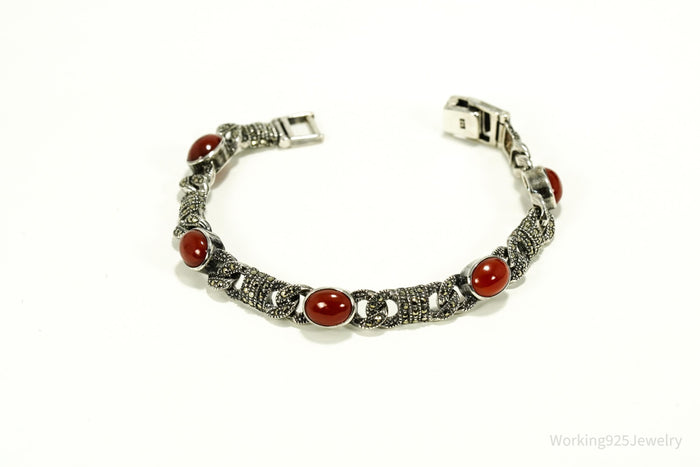 Vintage Carnelian & Marcasite Sterling Silver Bracelet 7 1/8"