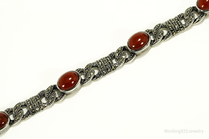 Vintage Carnelian & Marcasite Sterling Silver Bracelet 7 1/8"