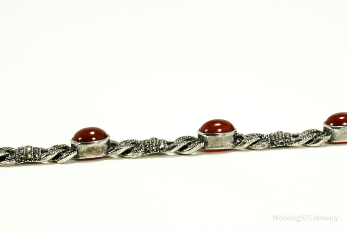 Vintage Carnelian & Marcasite Sterling Silver Bracelet 7 1/8"