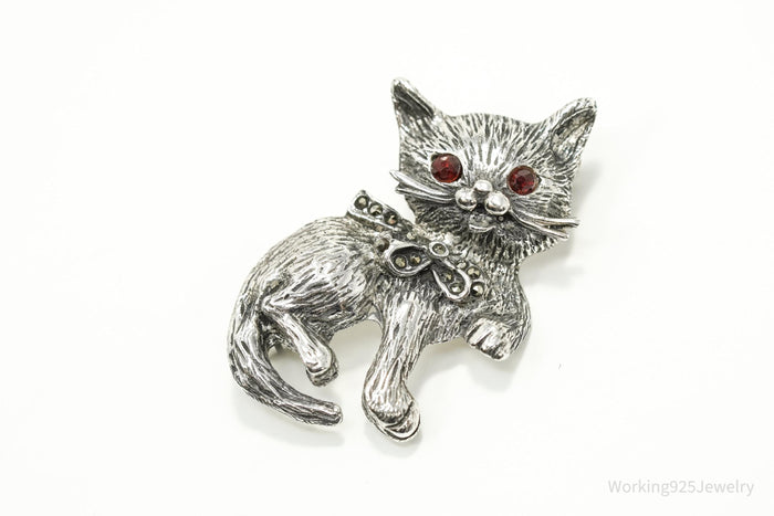 Vintage Cat Kitten Red Stone & Marcasite Silver Brooch Pin