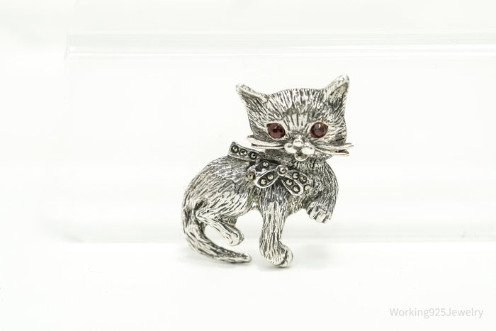 Vintage Cat Kitten Red Stone & Marcasite Silver Brooch Pin