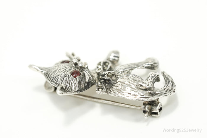 Vintage Cat Kitten Red Stone & Marcasite Silver Brooch Pin