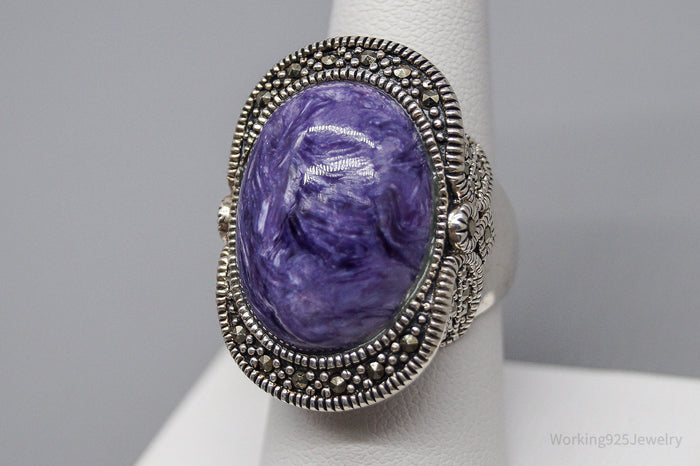 Vintage Charoite Marcasite Sterling Silver Ring - Size 7.75