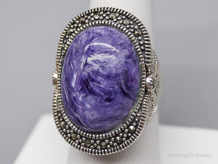 Vintage Charoite Marcasite Sterling Silver Ring - Size 7.75