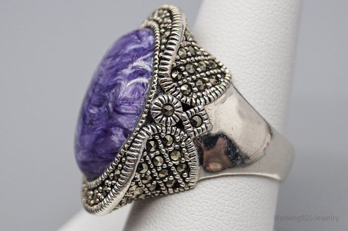 Vintage Charoite Marcasite Sterling Silver Ring - Size 7.75