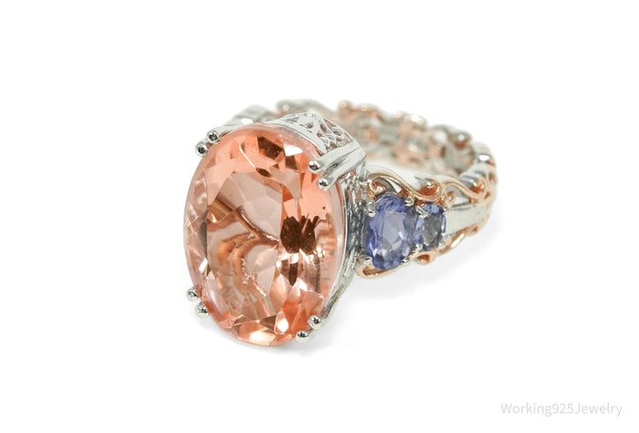 Vintage Chuck Clemency Peach Quartz & Iolite Rose Gold Plated Sterling Silver Ring - Size 8.25