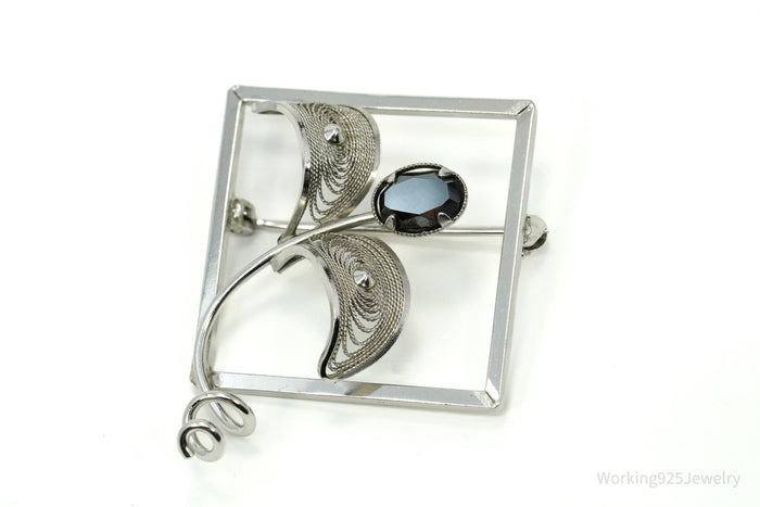 Vintage Designer CR Co Hematite Filigree Sterling Silver Brooch Pin