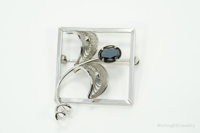Vintage Designer CR Co Hematite Filigree Sterling Silver Brooch Pin