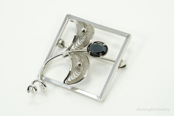 Vintage Designer CR Co Hematite Filigree Sterling Silver Brooch Pin