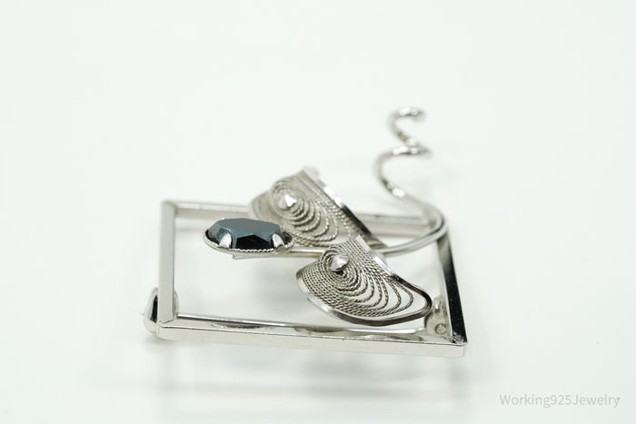 Vintage Designer CR Co Hematite Filigree Sterling Silver Brooch Pin