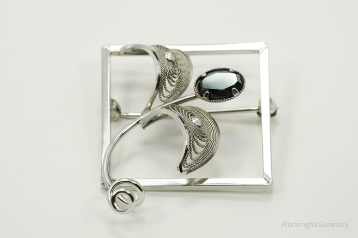 Vintage Designer CR Co Hematite Filigree Sterling Silver Brooch Pin