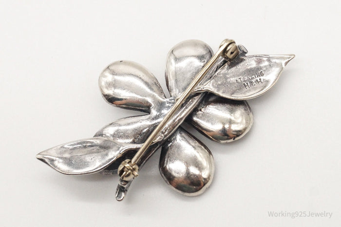 Vintage Designer H & H Flower Sterling Silver Brooch Pin