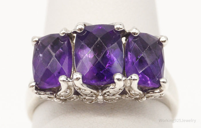 Vintage Designer HT Large Amethyst Butterflies Sterling Silver Ring - Size 7.25