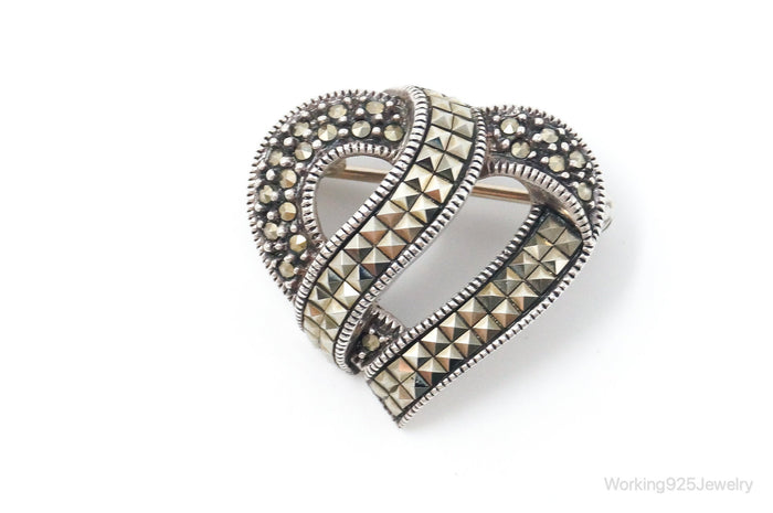 Vintage Designer Judith Jack Marcasite Open Heart Sterling Brooch Pin