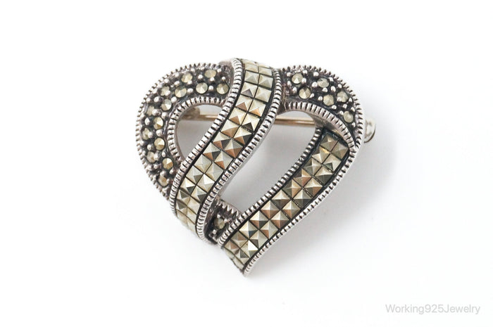 Vintage Designer Judith Jack Marcasite Open Heart Sterling Brooch Pin