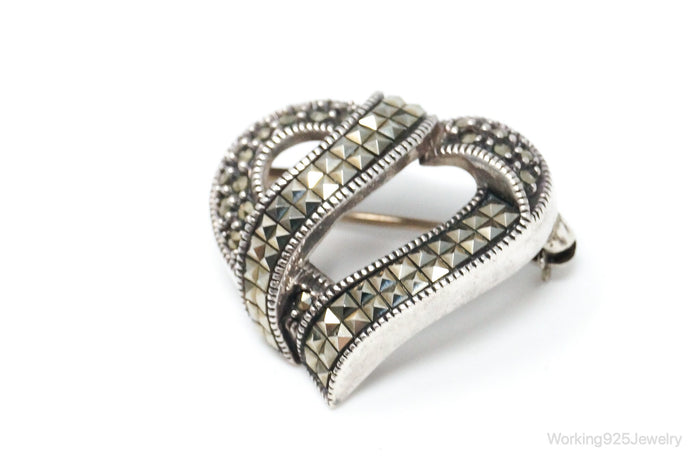 Vintage Designer Judith Jack Marcasite Open Heart Sterling Brooch Pin
