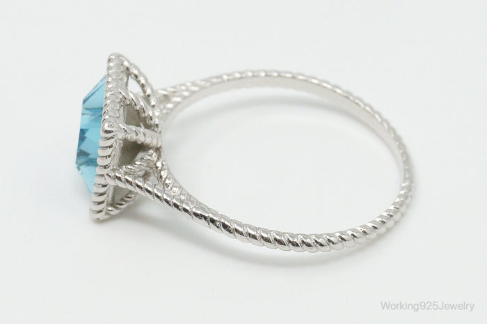 Vintage Designer Large Blue Crystal Sterling Silver Ring - Size 10