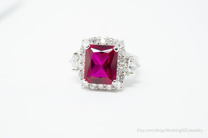 Vintage Designer Pink Topaz CZ Statement Sterling Silver Ring - Size 7.75