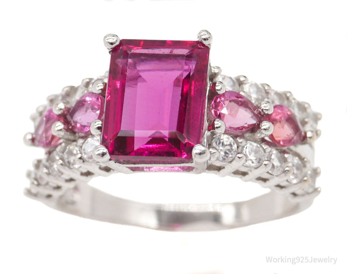 Vintage Designer Pink Tourmaline White Topaz Sterling Silver Ring Size 8