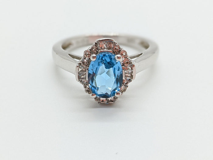 Vintage Designer PM Oval Blue Topaz Cubic Zirconia Sterling Silver Ring Size 7