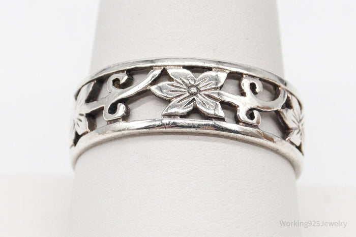 Vintage Designer PSCL Flowers Floral Cut Out Sterling Silver Band Ring Size 10
