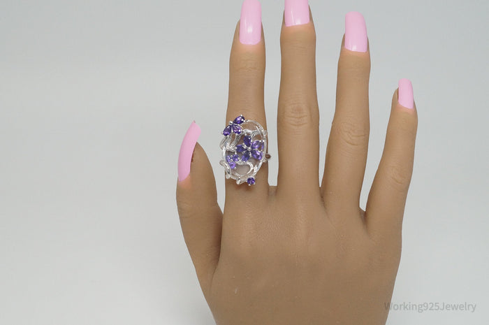 Vintage Designer Ross Simons Amethyst Crystal Sterling Silver Vine Ring - Sz 7