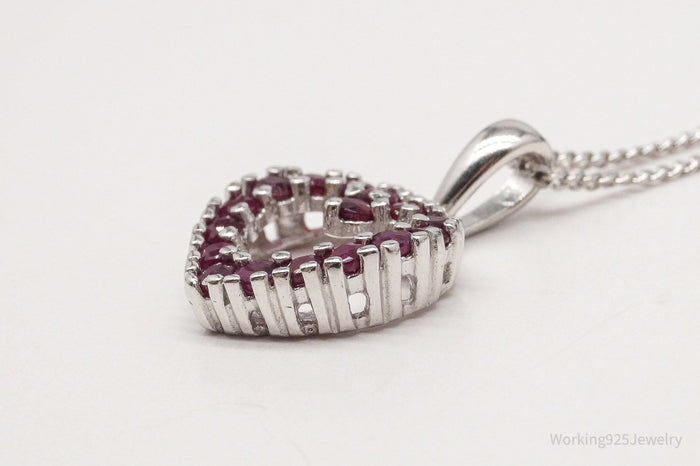 Vintage Designer Ross Simons Ruby Heart Sterling Silver Necklace 18"