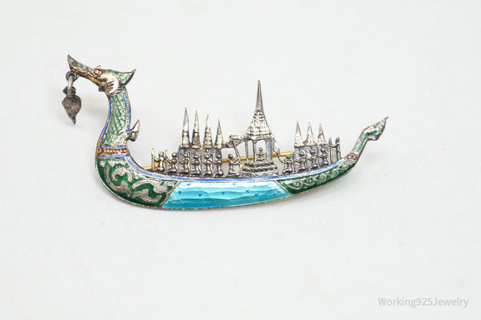 Vintage Designer SIAM Suphanahongse Viking Ship Enamel Sterling Silver Brooch