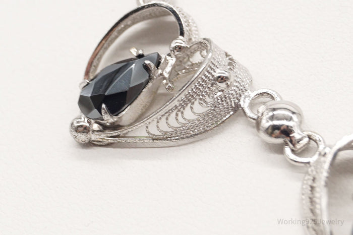 Vintage Designer Sorrento Hematite Filigree Hearts Sterling Silver Necklace