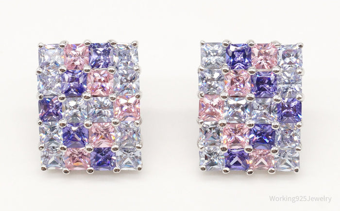 Vintage Designer White Pink & Purple Cubic Zirconia Sterling Silver Earrings