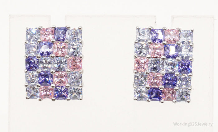 Vintage Designer White Pink & Purple Cubic Zirconia Sterling Silver Earrings