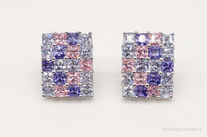 Vintage Designer White Pink & Purple Cubic Zirconia Sterling Silver Earrings