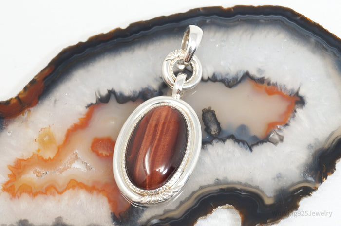 Vintage Designer Whitney Kelly Red Tigers Eye Sterling Silver Necklace Pendant