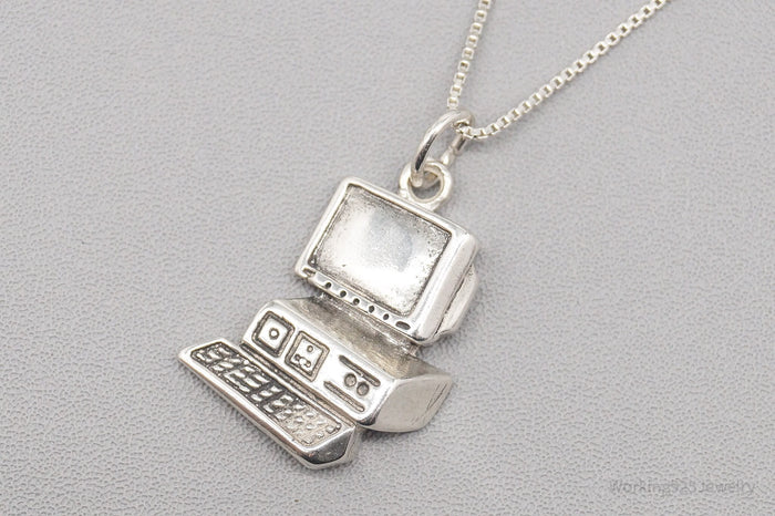 Vintage Desktop Computer Sterling Silver Necklace - 19"