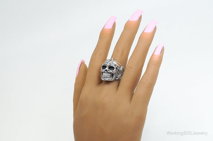 Vintage Detailed Large Skull Sterling Silver Ring - SZ 10