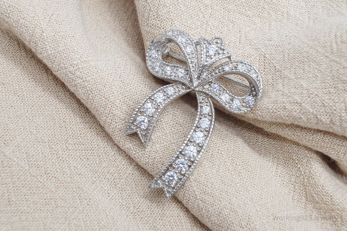 Vintage Diamonique Cubic Zirconia Sterling Silver Ribbon Bow Brooch Pin