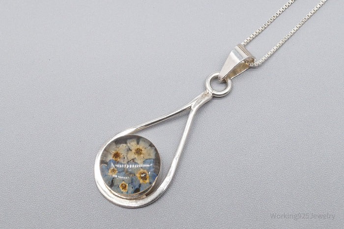 Vintage Dried Flowers Sterling Silver Necklace 20"