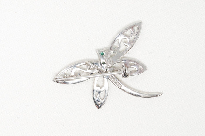 Vintage Emerald Dragonfly Sterling Silver Necklace Pendant