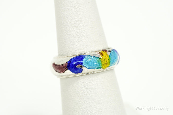 Vintage Enamel Silver Band Ring Size 6.25
