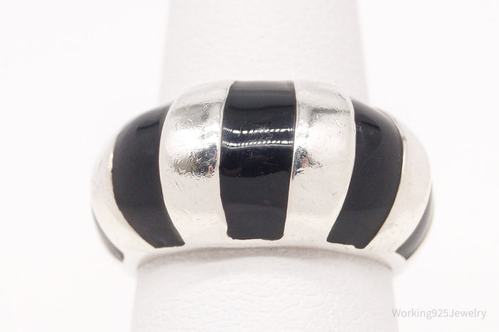 Vintage ESPO Black Enamel Stripes Sterling Silver Ring - Size 5.75