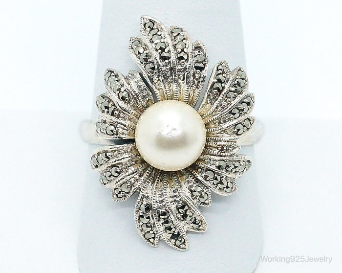 Vintage Faux Pearl Marcasite Sterling Silver Ring - Size 10