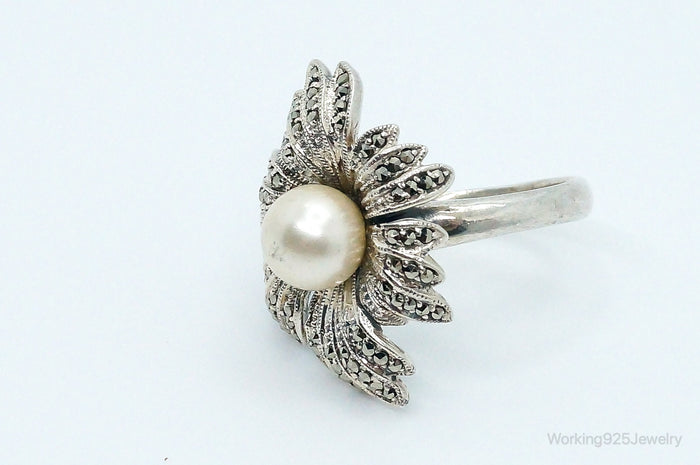 Vintage Faux Pearl Marcasite Sterling Silver Ring - Size 10