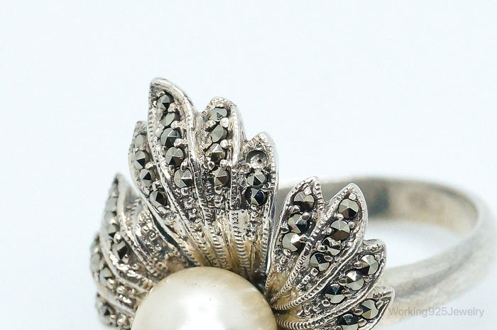 Vintage Faux Pearl Marcasite Sterling Silver Ring - Size 10