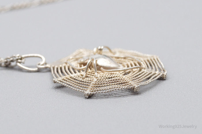 Vintage Filigree Spider In Web Sterling Silver Necklace 20"
