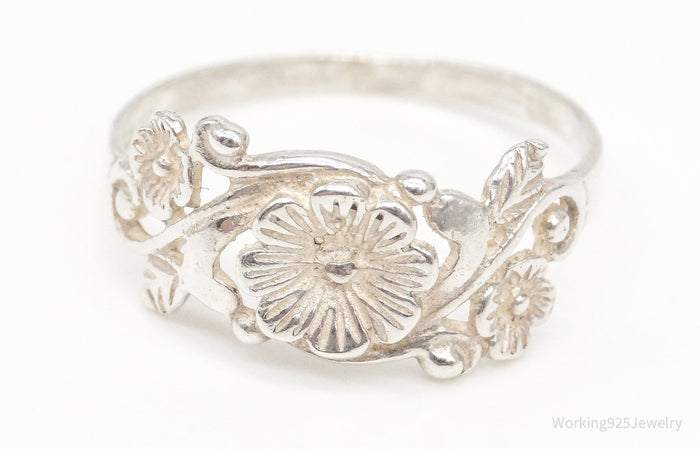 Vintage Floral Flower Sterling Silver Ring Size 7.5