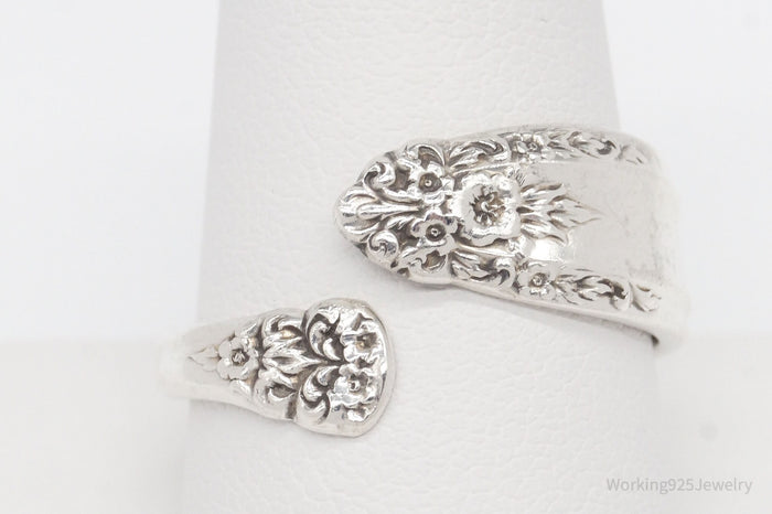 Vintage Floral Pattern International Sterling Silver Spoon Ring Size 10.75